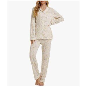 Tugege Women's Beige Floral Leaf Pajama Set – Long Sleeve Button-Down L